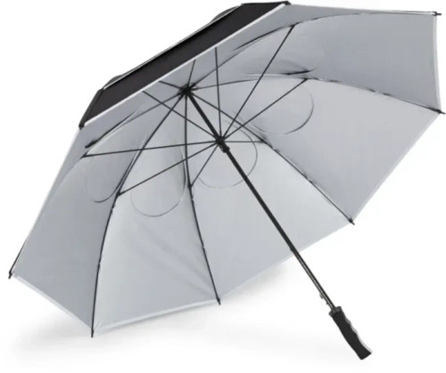 A grey and black double canopy umbrella with a curved handle and a sturdy frame. It features a branding logo.
