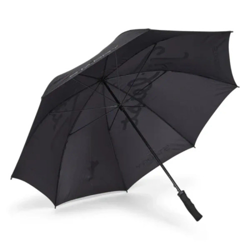 A black single canopy umbrella with a handle and a logo. Suitable for leisure and outdoor activities.