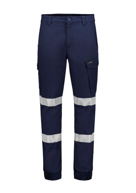 Navy cargo pants featuring cuffed hems and reflective stripes, with a side pocket and a logo on the waistband.
