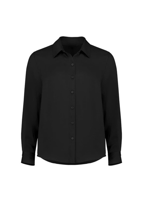 A black long sleeve shirt with a collared neckline and button-down front. It features long sleeves and a relaxed fit.
