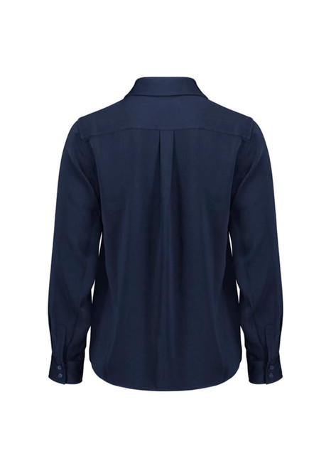 A navy blue women's long sleeve shirt featuring a collared neckline and back pleat detail. It includes a logo.
