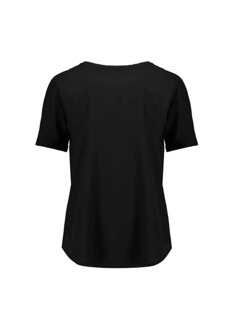 A black short sleeve blouse with a ruché design, featuring a rounded neckline and a slightly curved hem.