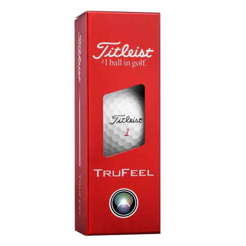 A red box containing three Titleist TruFeel golf balls, featuring a visible branded golf ball inside.