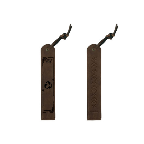 A brown vintage-style bookmark with intricate designs and a leather tie for secure attachment. It features a logo.