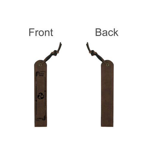 A vintage-style bookmark in a brown leather finish, featuring a decorative print and a leather tie at the top.