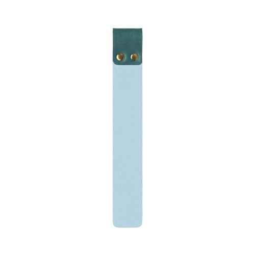 A custom PU bookmark in light blue with a dark green top and two gold metal buttons.
