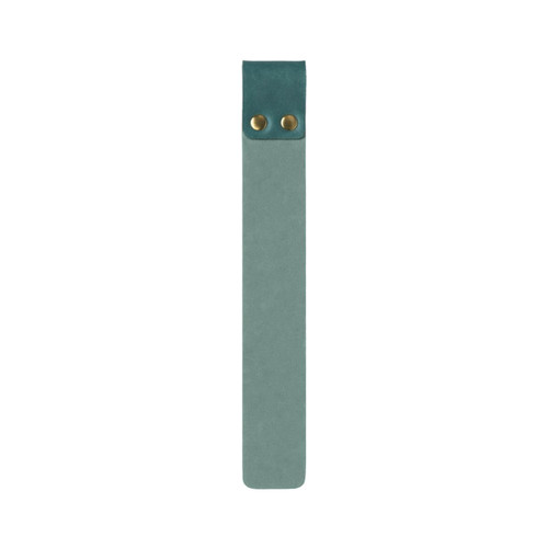 A custom PU bookmark in teal, featuring a smooth surface and two brass rivets at the top.
