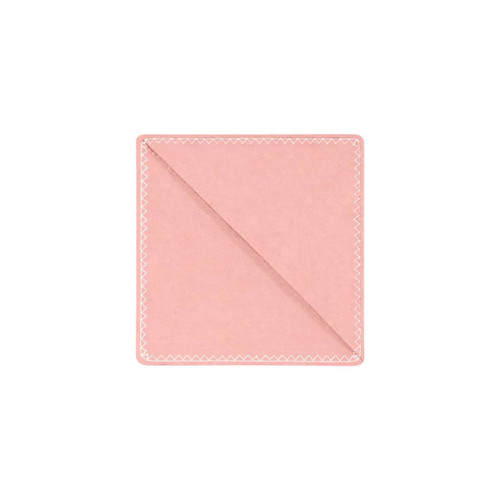 A pink PU bookmark with a stitched border, featuring a smooth surface and a slight fold. Includes a logo.