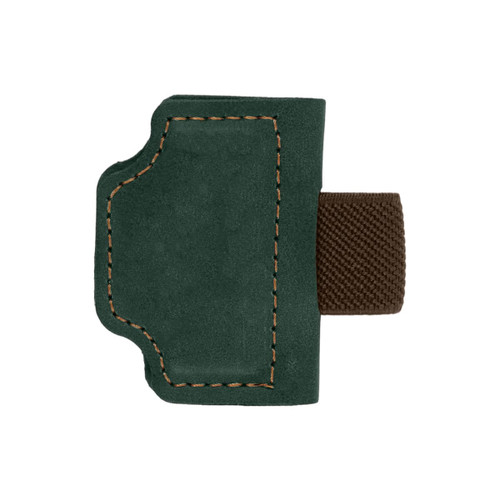 A green magnetic bookmark with a brown pen clip features contrasting stitching and a textured surface.