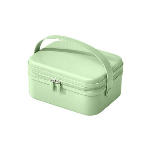 A portable mini suitcase in mint green with a zipper closure and a handle for easy carrying.
