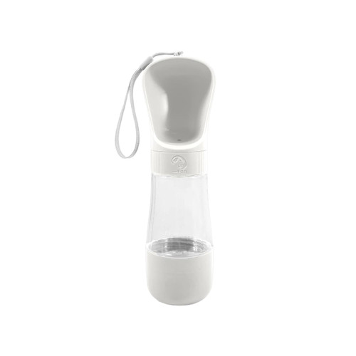 A drink bottle in white with a detachable food container and a built-in carrying strap. It features a logo.