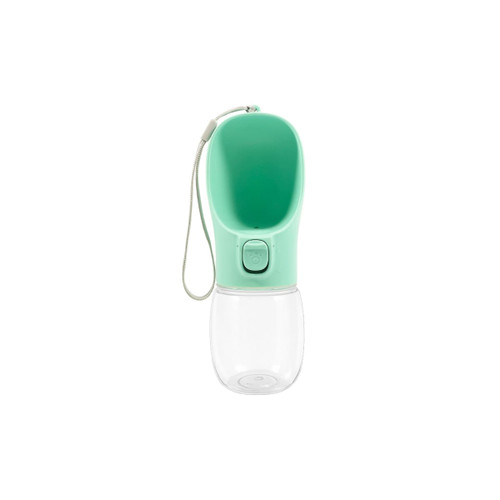 A drink bottle in mint green and clear plastic, featuring a built-in bowl and a loop for easy carrying.