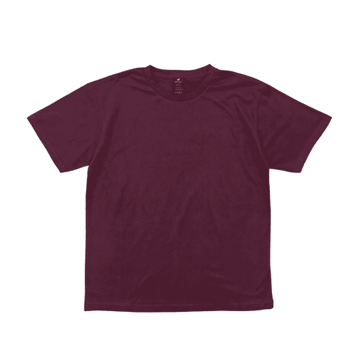 A maroon t-shirt with a round neckline and short sleeves, featuring a small logo at the collar.