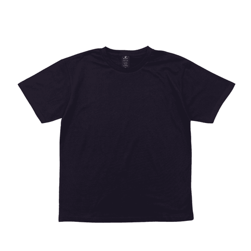 A black t-shirt with a classic crew neck design and short sleeves, featuring a logo on the inside label.