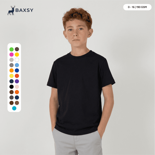 A plain black youth tee displayed on a model, surrounded by a colour palette of various options.