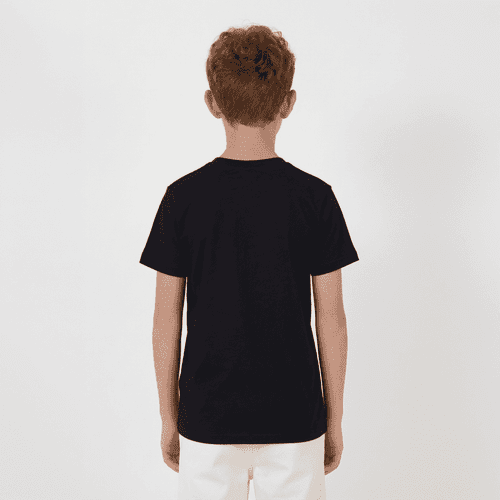 A black youth tee viewed from the back, featuring a simple design and short sleeves.