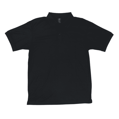A black polo shirt featuring a collar and three buttons, with a small logo on the front.