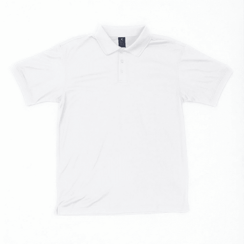 A white polo shirt with short sleeves and a collar, featuring a logo on the front.