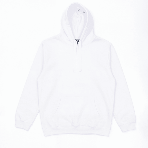 A white hoodie with a front pocket and drawstring hood, featuring a logo on the interior.