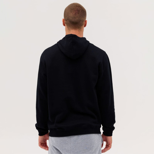 A black hoodie with a kangaroo pocket seen from the back, worn by a person in grey sweatpants.