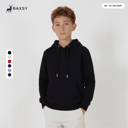 A youth hoodie in black with a drawstring hood, featuring a logo and available in multiple colours.