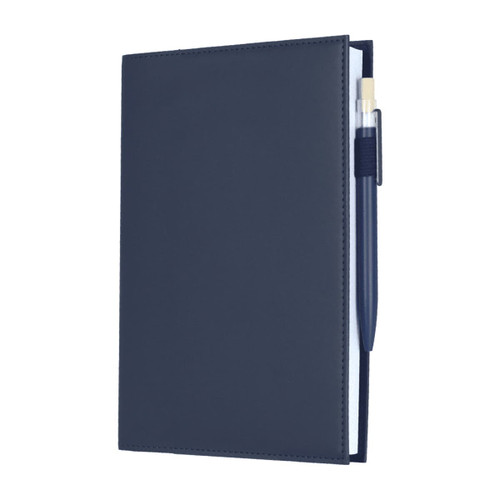 A navy blue refillable journal with a pen attached, featuring a smooth leather-like cover and plain pages inside.