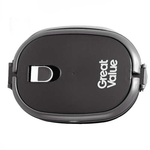 A lunch box in black with a grey clasp and a logo. Designed for convenient storage and transport.