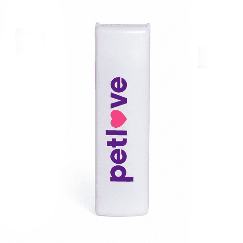 A white lint remover with a logo featuring the words "petlove" in purple and a heart icon.