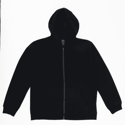 A black zip hoodie with a hood and front pockets, featuring a branding logo.