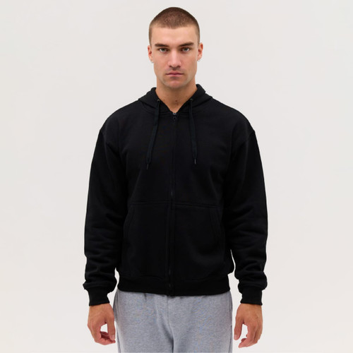 A black zip hoodie displayed on a model wearing grey sweatpants, featuring a hood and front pockets.
