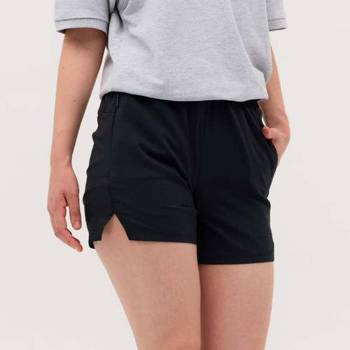 Black running shorts with side slits, worn with a grey top, featuring pockets and an elastic waistband.
