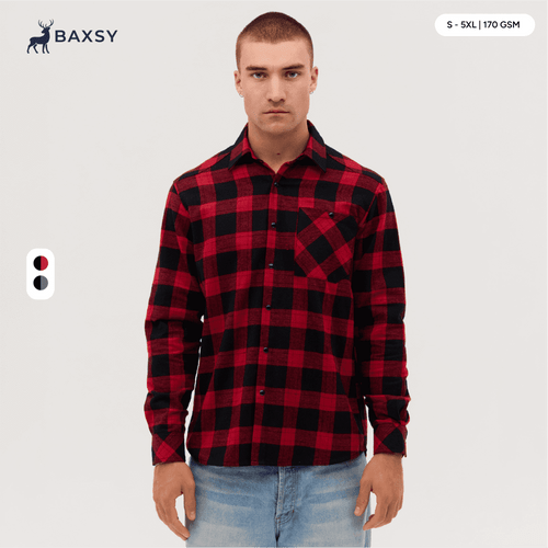 A long sleeve flannel shirt in red and black check pattern, featuring a pocket and a logo.