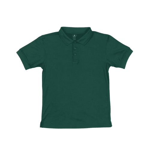 A youth polo shirt in dark green, featuring a collared neckline and button placket. It has a branded logo.