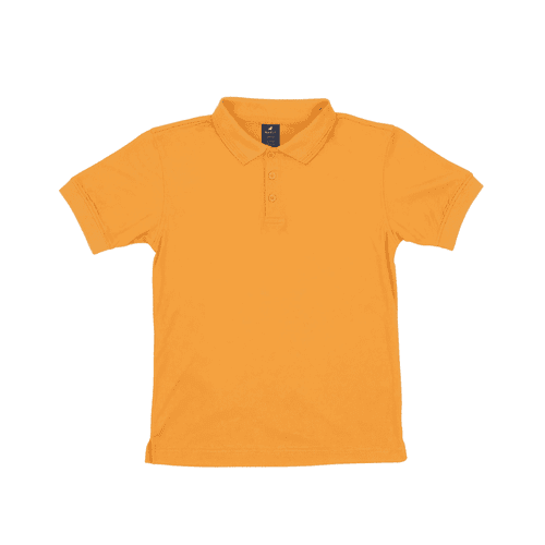 An orange youth polo shirt with a collar, short sleeves, and a logo on the label.