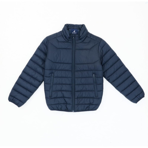 A navy blue puffer jacket with a zip front, stand collar, and two side pockets, featuring a logo.
