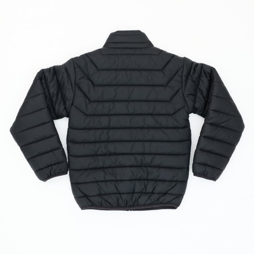 A black puffer jacket featuring a quilted design and a high collar, with a logo on the back.