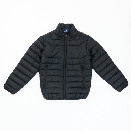 A black puffer jacket featuring a zip front and two side pockets, with a stand collar and ribbed cuffs.