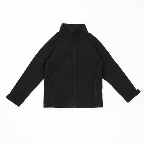 A black softshell jacket featuring a zip front and two zippered pockets, with a high collar and no visible branding.