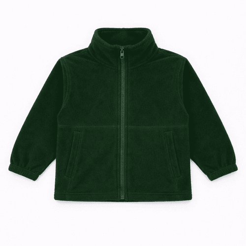 A dark green polar fleece full zip jacket with a high collar and two front pockets. It features elastic cuffs and has a logo.