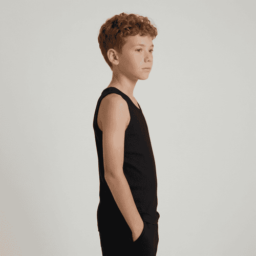 A black youth singlet displayed on a model with short curly hair, standing in profile.