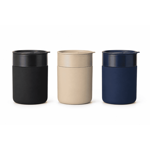 A drinkware set featuring three ceramic coffee cups in black, beige, and navy, each with a lid.