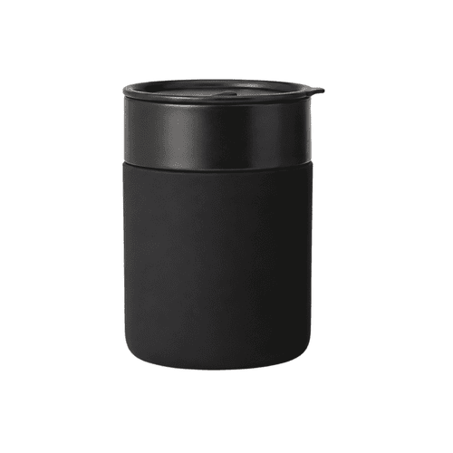 A ceramic coffee cup in matte black with a sleek black lid and a textured finish. Features a logo.