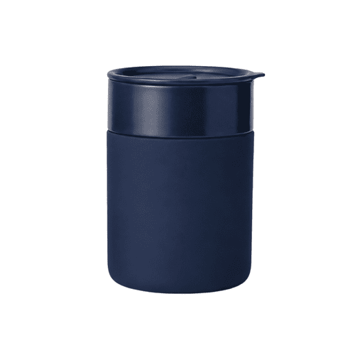 A ceramic coffee cup in navy blue with a matching lid. Features a smooth finish and has a logo.