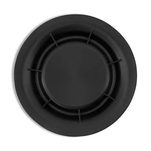 A black pet bowl with a round shape and six stabilising notches along the rim. It features a logo in the centre.