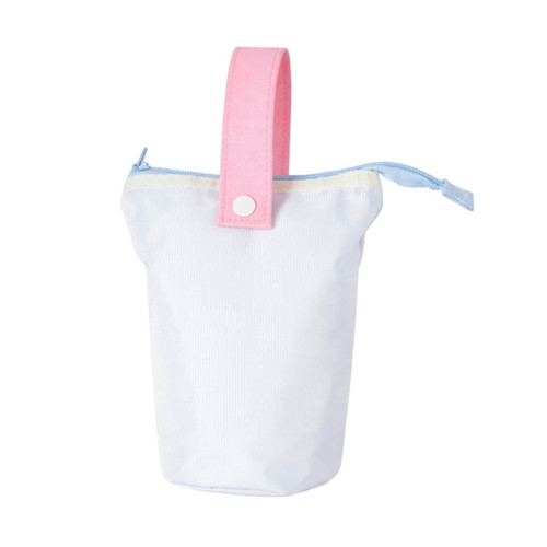 A foldable pencil case in white with a pink handle and blue zipper, featuring a logo.