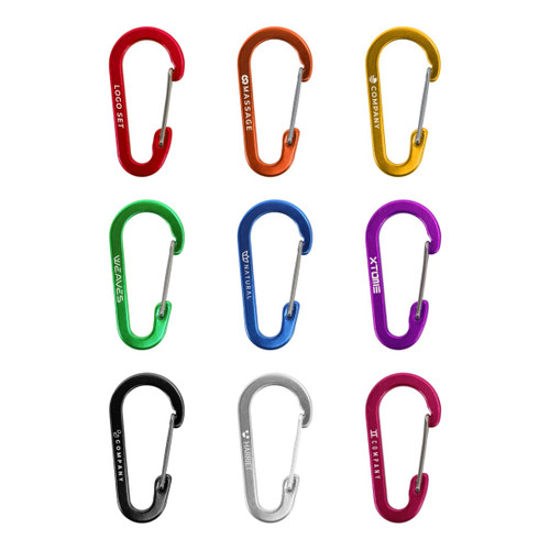 A selection of D Type aluminium alloy carabiner hooks in various colours including red, orange, purple, green, and silver.