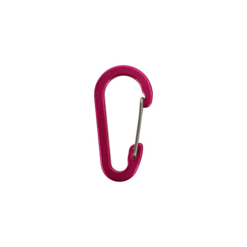 A pink D Type aluminium alloy carabiner hook with a metal hinge. The product features a shiny finish and a logo.