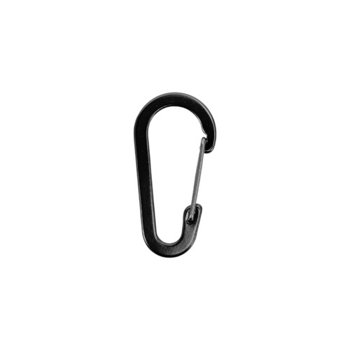 A black D Type aluminium alloy carabiner hook with a spring-loaded gate, featuring a simple design.
