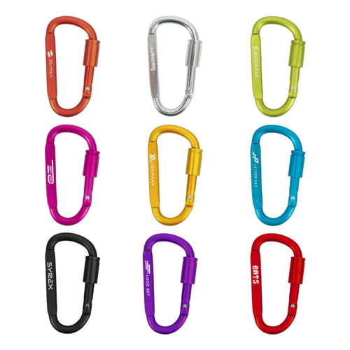 A collection of nine custom D-shaped camping carabiners in various colours, including silver, purple, orange, and green, featuring logos.