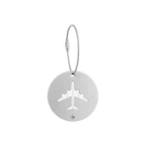 A silver round luggage tag with an airplane cutout, featuring a wire cable attachment.
